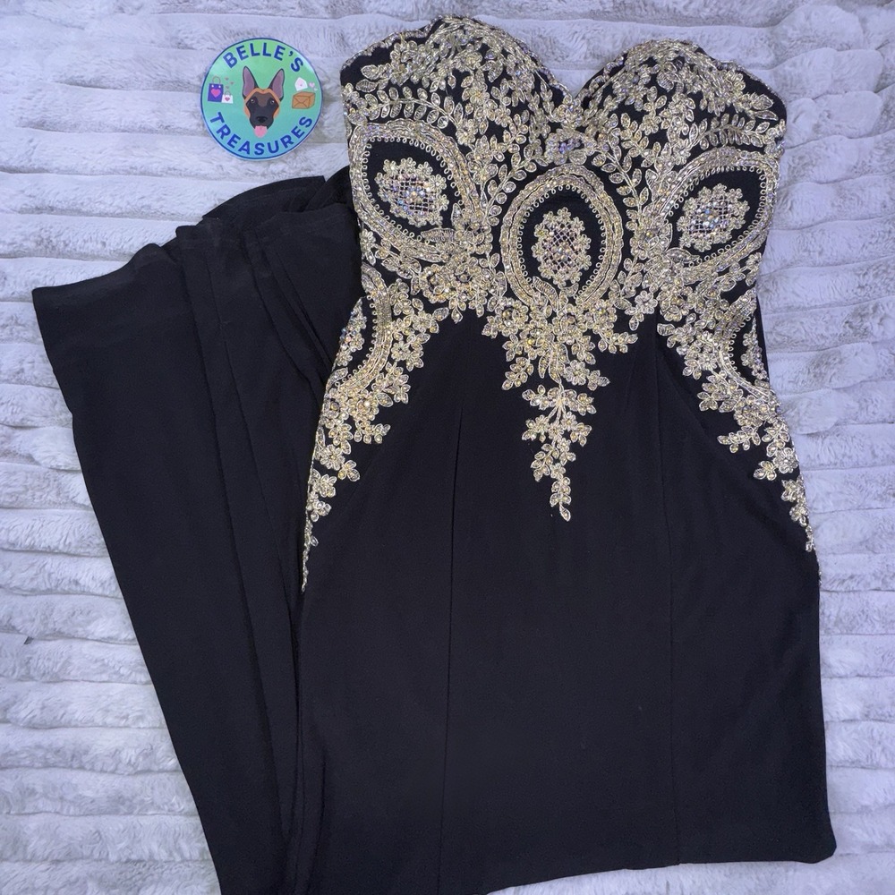 Camille La Vie Prom Dress Sz‎ 2 Black Gold Beaded Sweatheart Neck Mermaid Gown